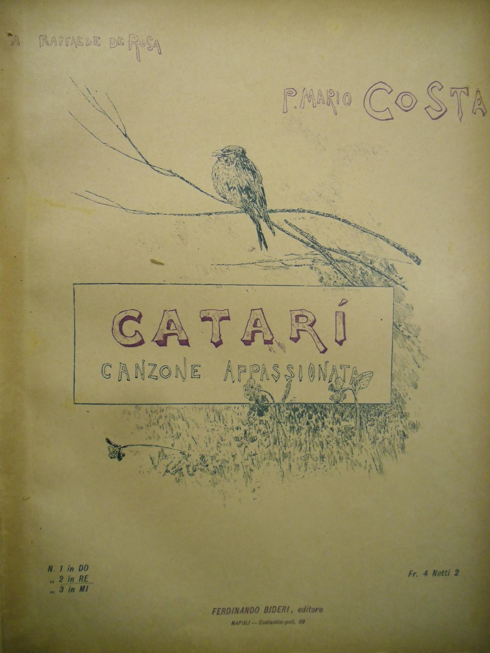 Pietro Scoppetta - «Catarì», canzone appassionata (tavola per copertina di spartito musicale), ma...