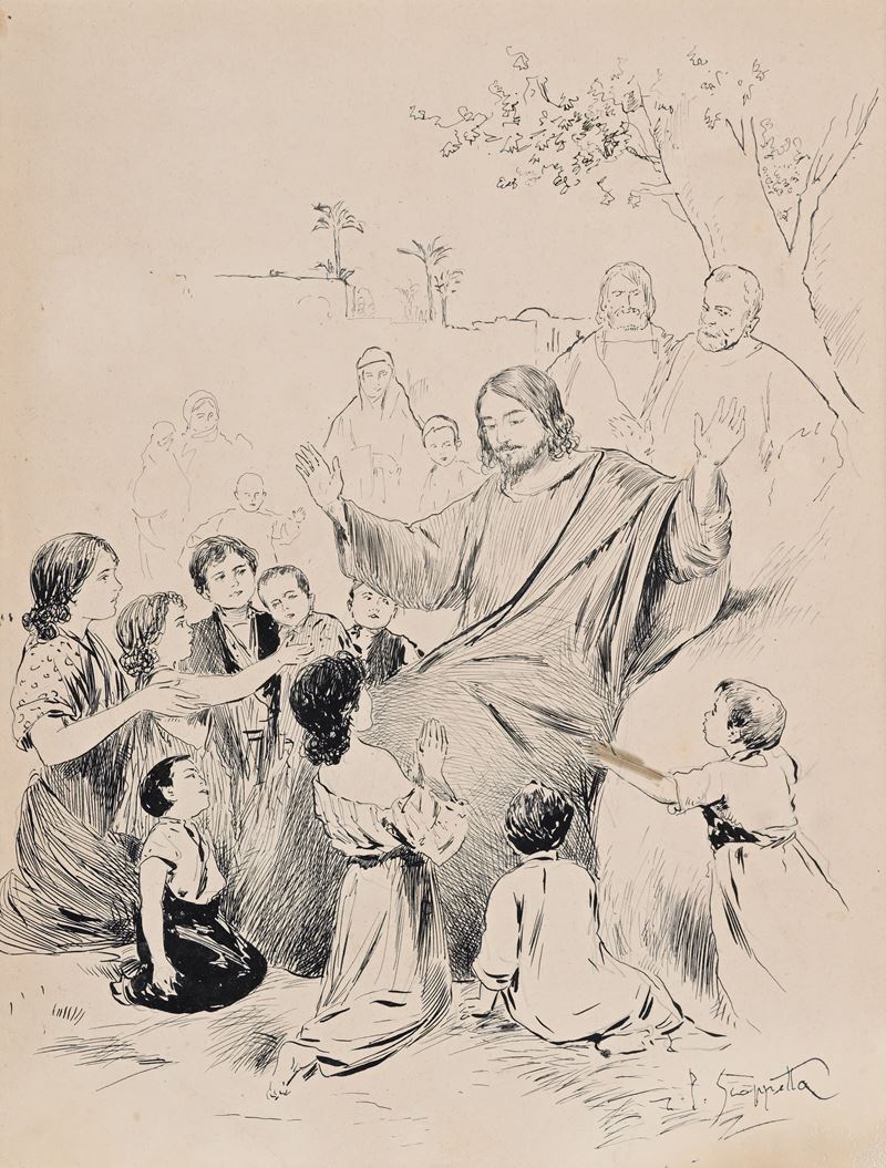 Pietro Scoppetta - Gesù Cristo circondato dai bambini - china su cartoncino