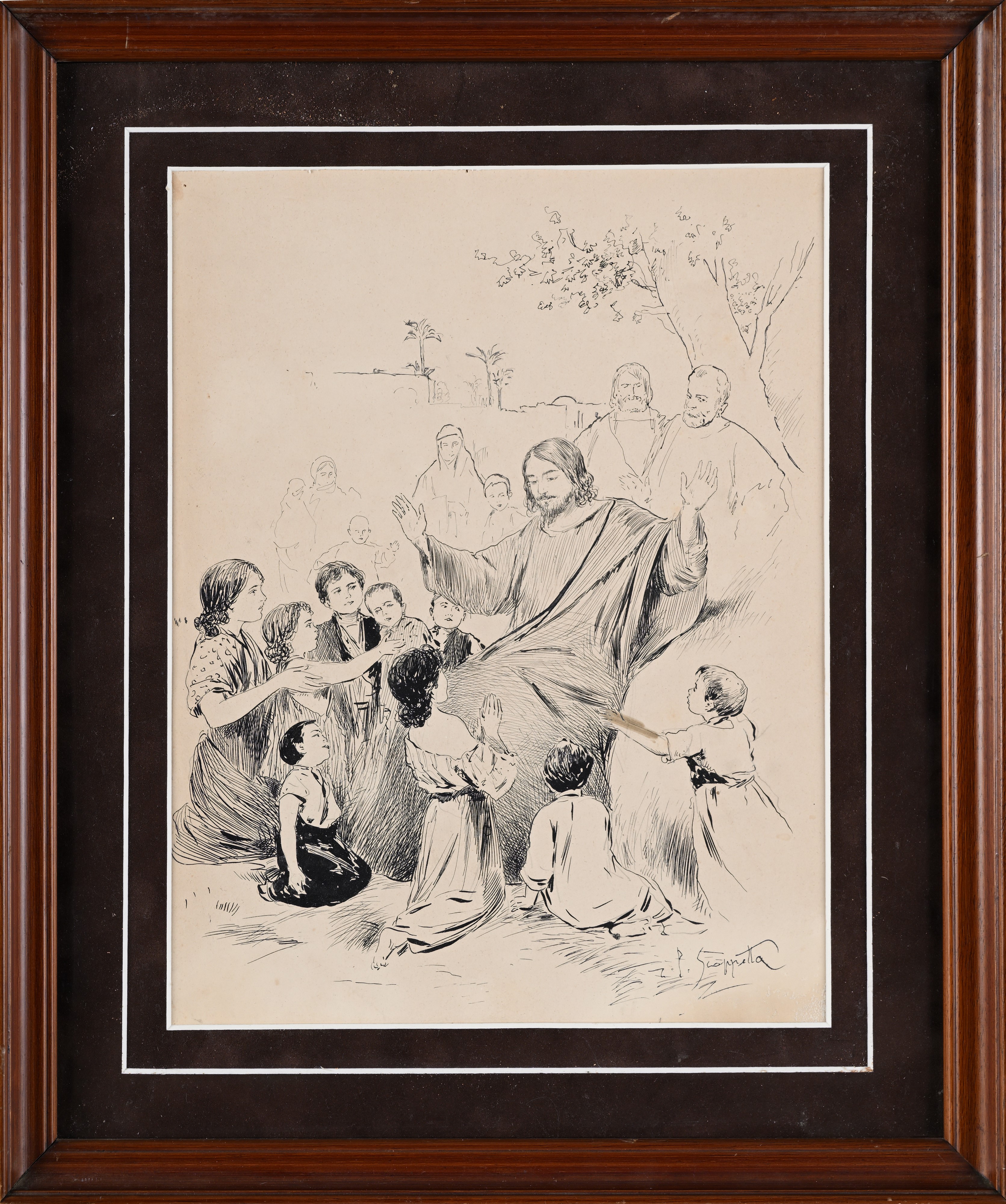 Pietro Scoppetta - Gesù Cristo circondato dai bambini - china su cartoncino