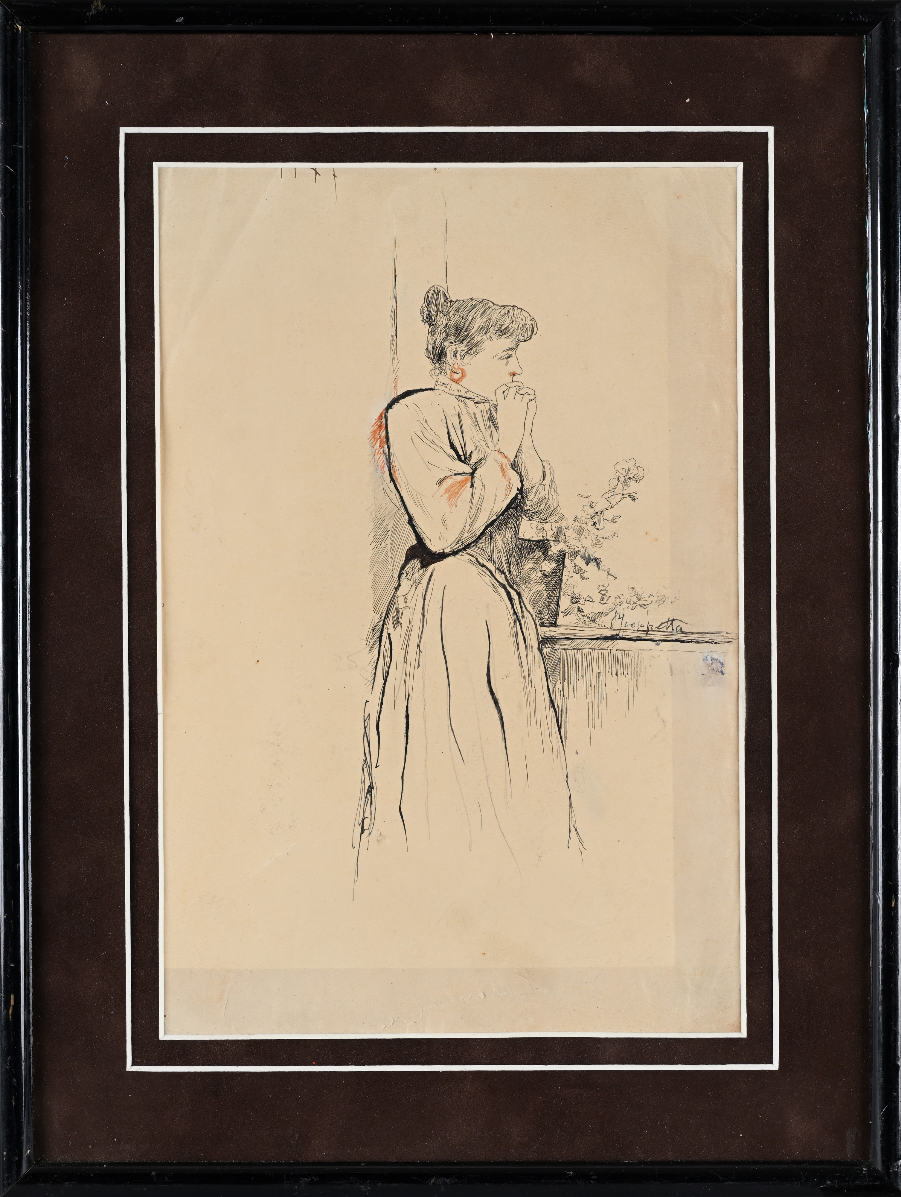 Pietro Scoppetta - Giovane donna in terrazza, china su cartoncino