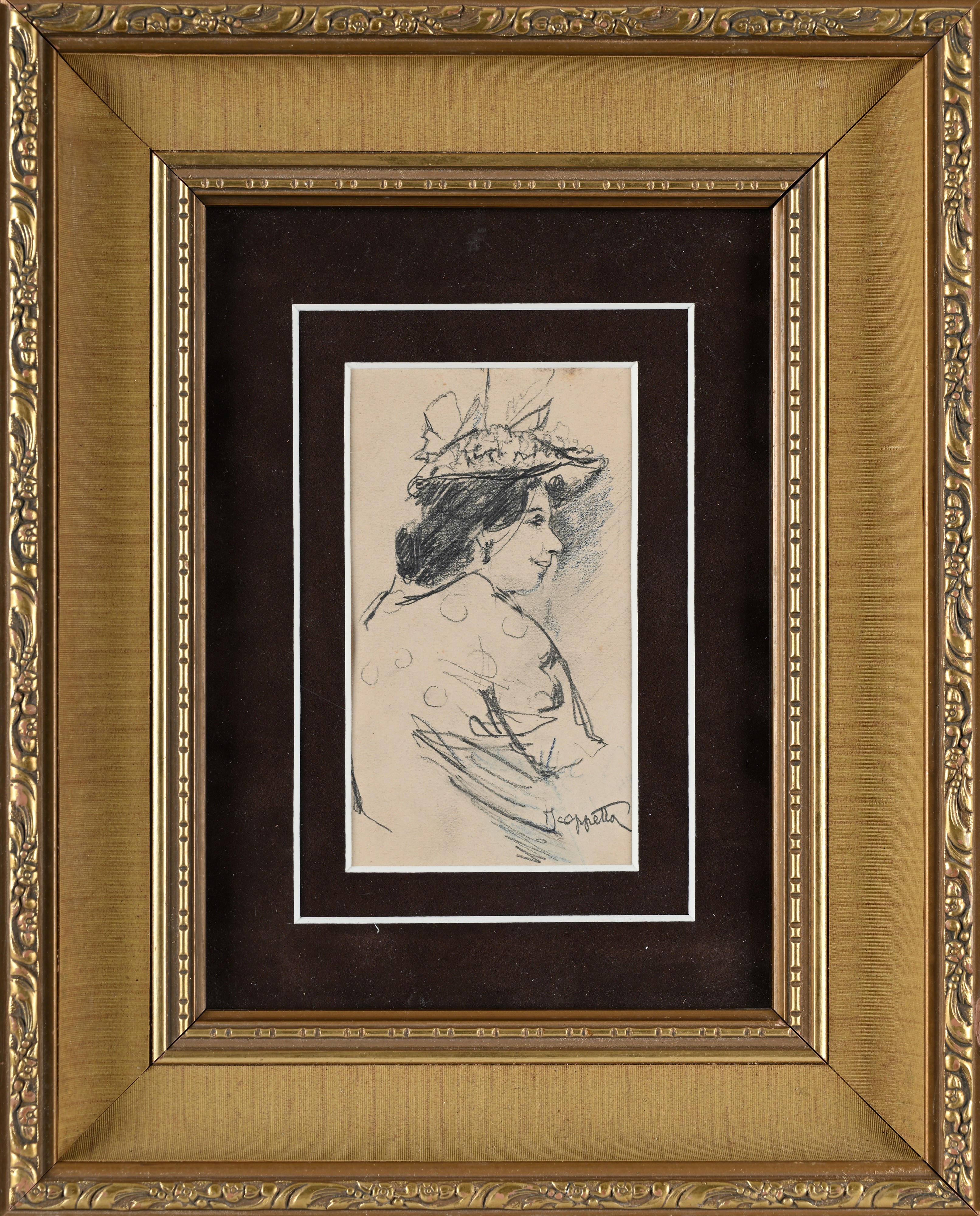 Pietro Scoppetta - Signora con cappello di profilo (studio a carboncino)