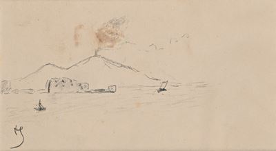 Veduta di Napoli con il Vesuvio in eruzione (matita su cartoncino)