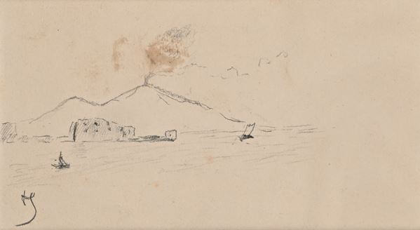 Veduta di Napoli con il Vesuvio in eruzione