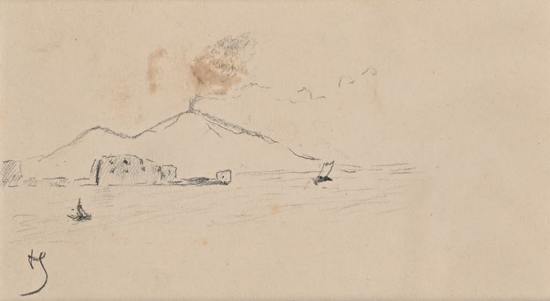 Pietro Scoppetta - Veduta di Napoli con il Vesuvio in eruzione (matita su cartoncino)