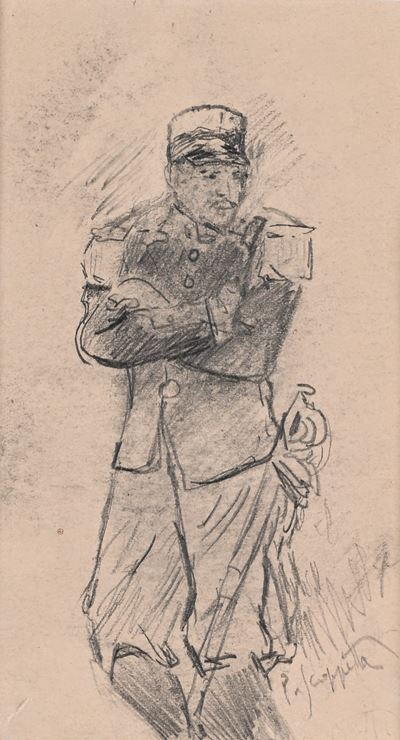 Soldato in uniforme, carboncino su cartoncino