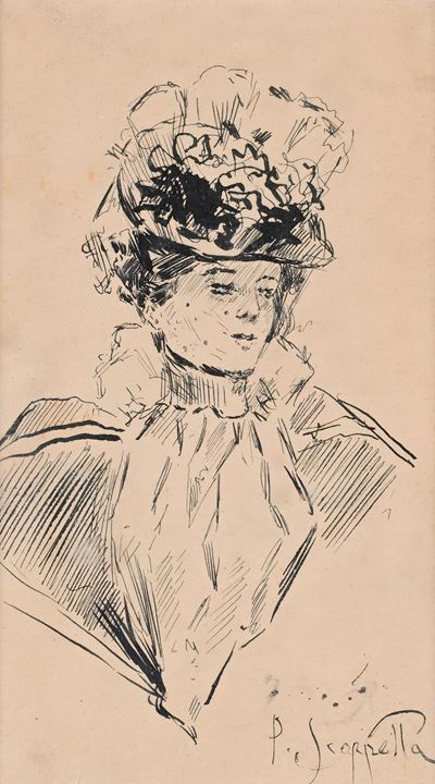 Ritratto di donna con cappello e veletta (unificato al Lotto 133), china su cartoncino