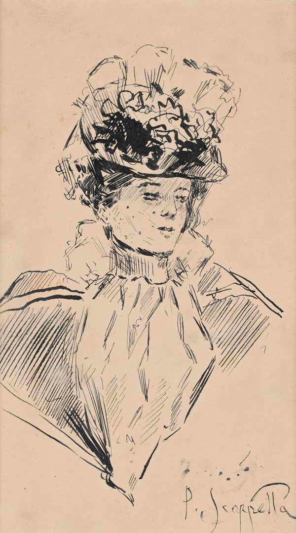 Pietro Scoppetta - Ritratto di donna con cappello e veletta