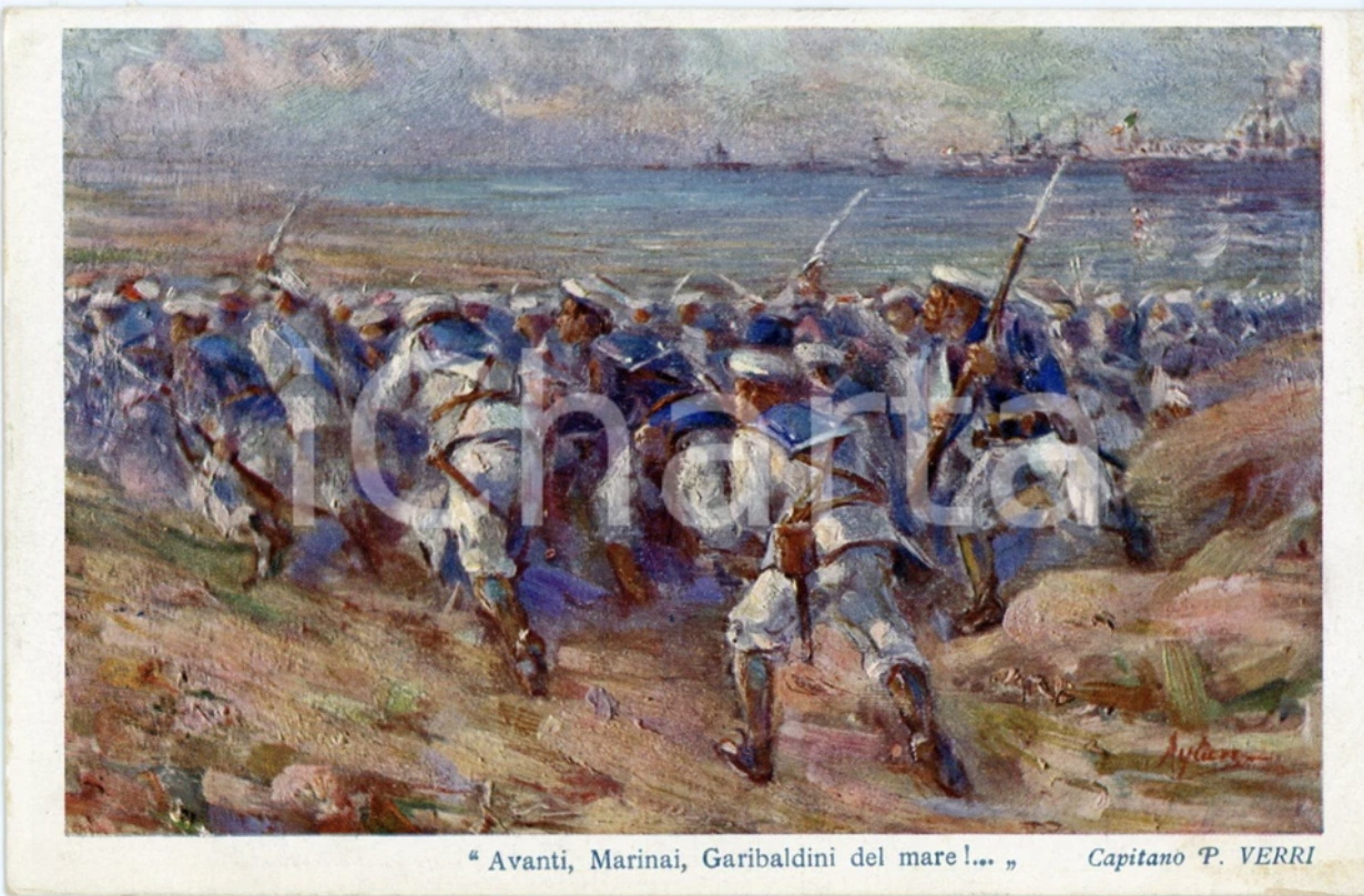 Scuola Italiana Inizi del XX Secolo - Avanti, Marinai, Garibaldini del mare!, olio su cartone (Tr...
