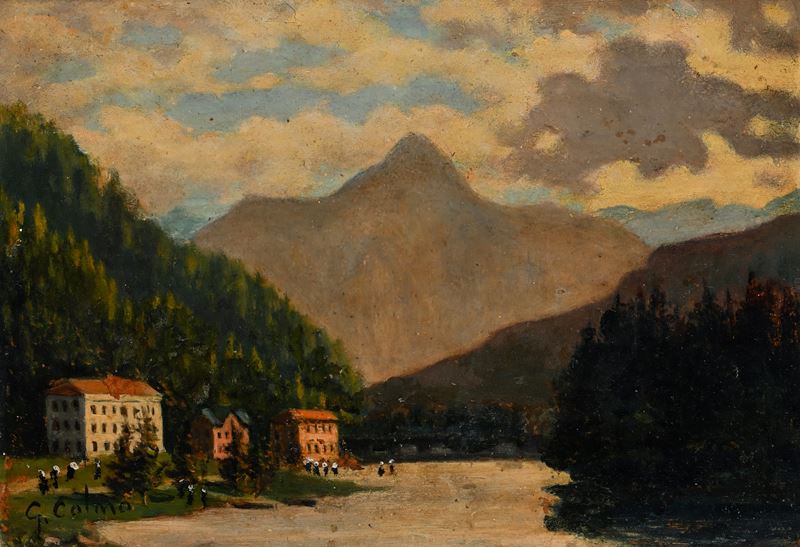 Valle in montagna con edifici e passanti
