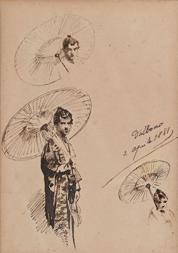Eduardo Dalbono - Tre studi di donna in kimono con ombrello tradizionale giapponese