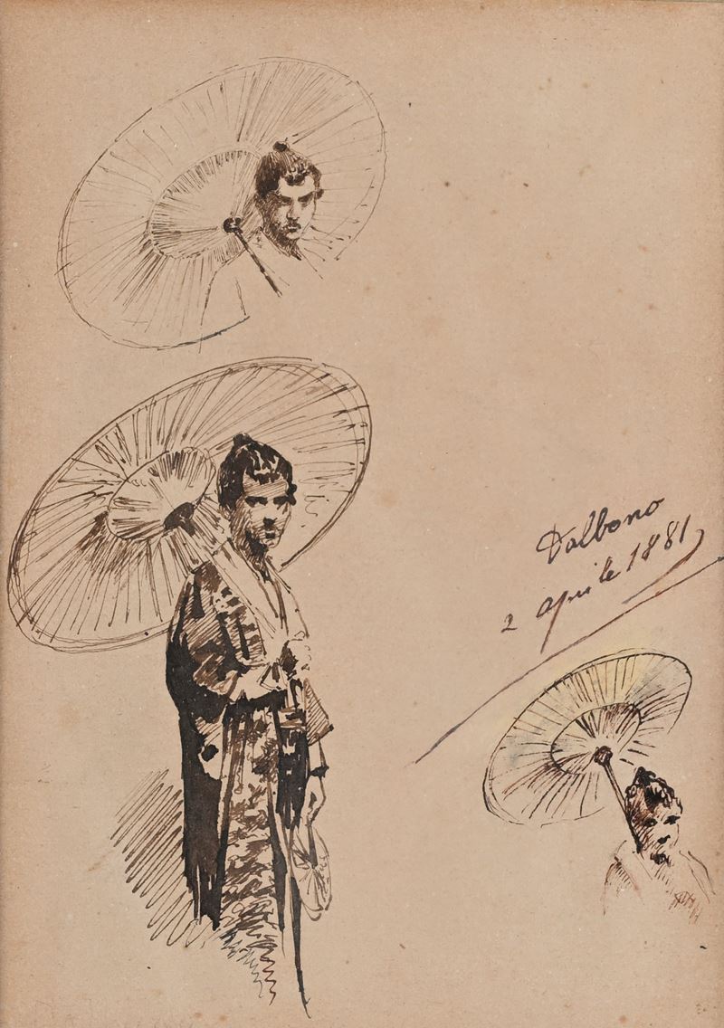 Tre studi di donna in kimono con ombrello tradizionale giapponese