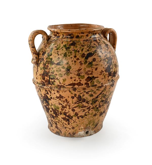 Orcio biansato in terracotta schizzata, Deruta o Montelupo, fine XIX secolo