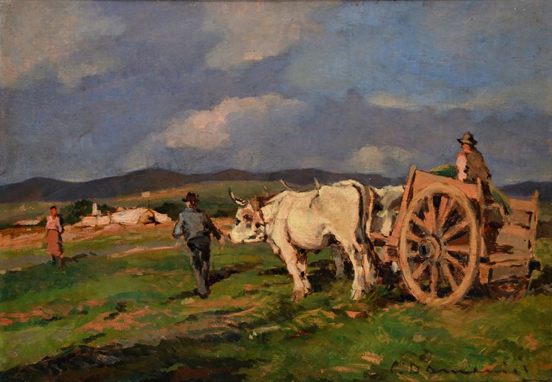Carlo Domenici - Il lavoro nei campi, olio su legno