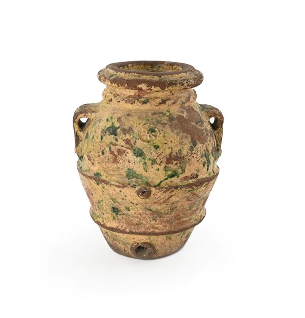 Piccolo orcio in terracotta a macchie verdi su fondo giallo, XIX secolo