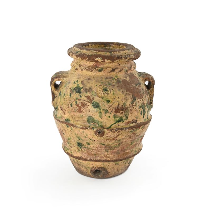 Piccolo orcio in terracotta a macchie verdi su fondo giallo, XIX secolo