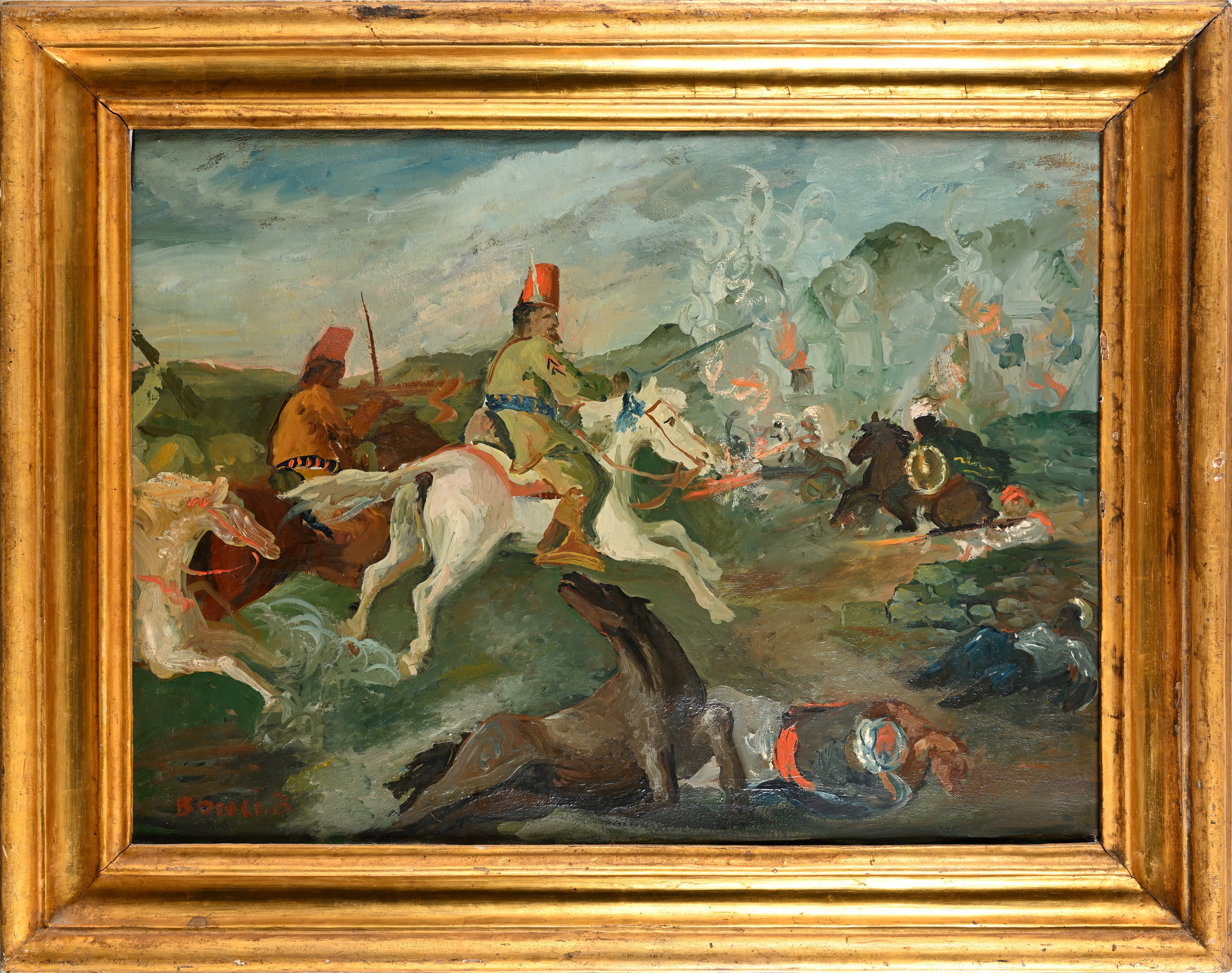 B. Bonci (scuola Italiana del XX Secolo) - Combattimento a cavallo contro soldati arabi, olio su ...