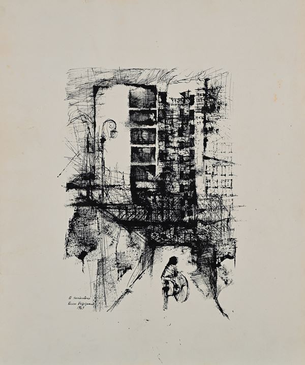 Renzo Vespignani : Periferia con uomo in bicicletta  (1963)  - Inchiostro su carta - Asta Asta a Tempo - Arte Moderna e Contemporanea - Casa d'Aste Arcadia