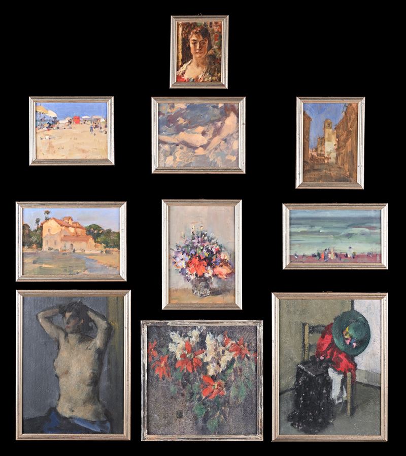Salvatore Antonio Guarino - Dieci dipinti di soggetti diversi, olio su faesite e cartone telato
