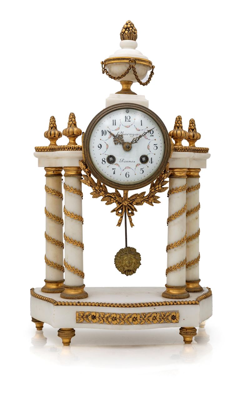 Orologio a portico in marmo bianco, Francia, XIX secolo