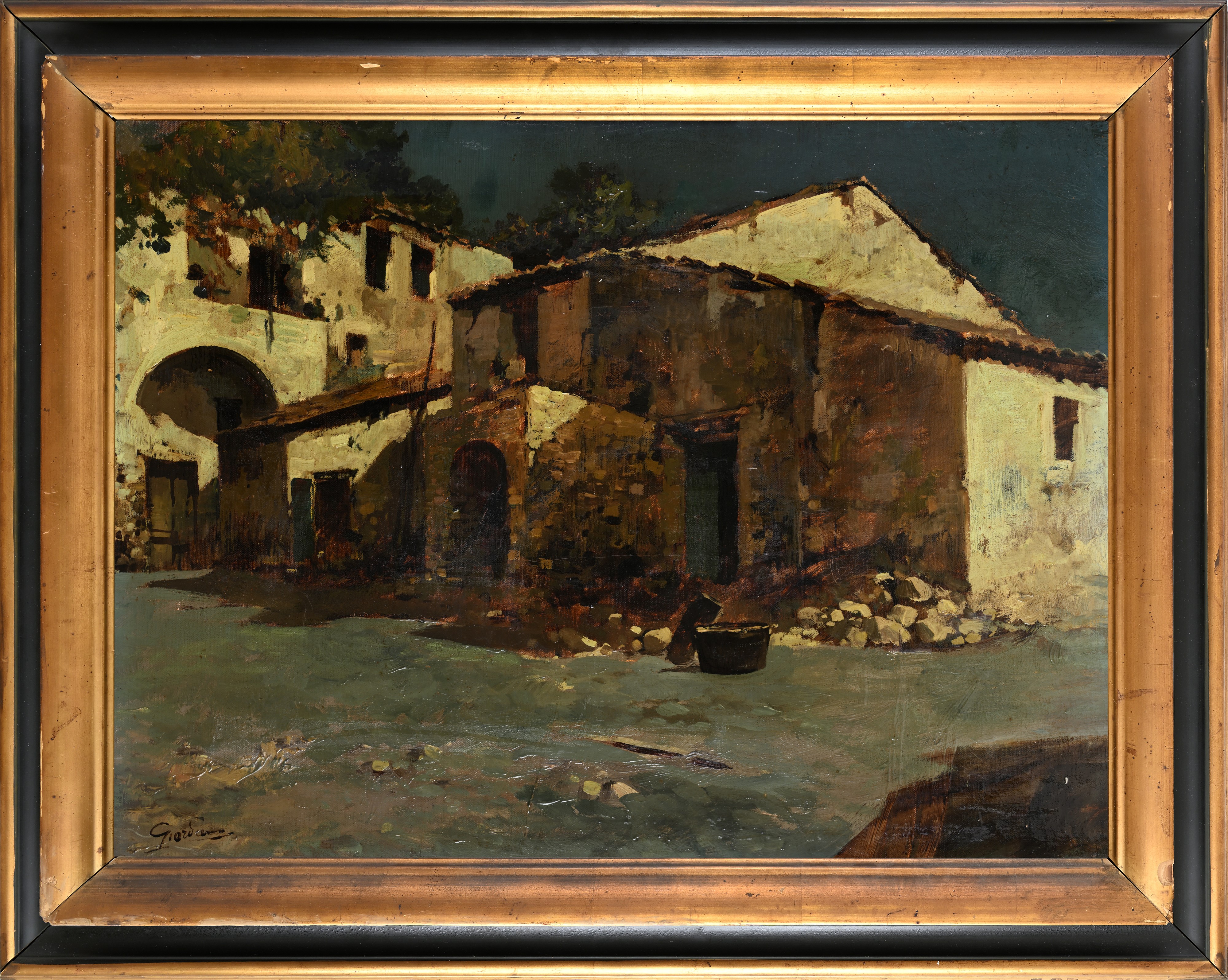 Felice Giordano - Case coloniche al chiaro di luna, olio su tela