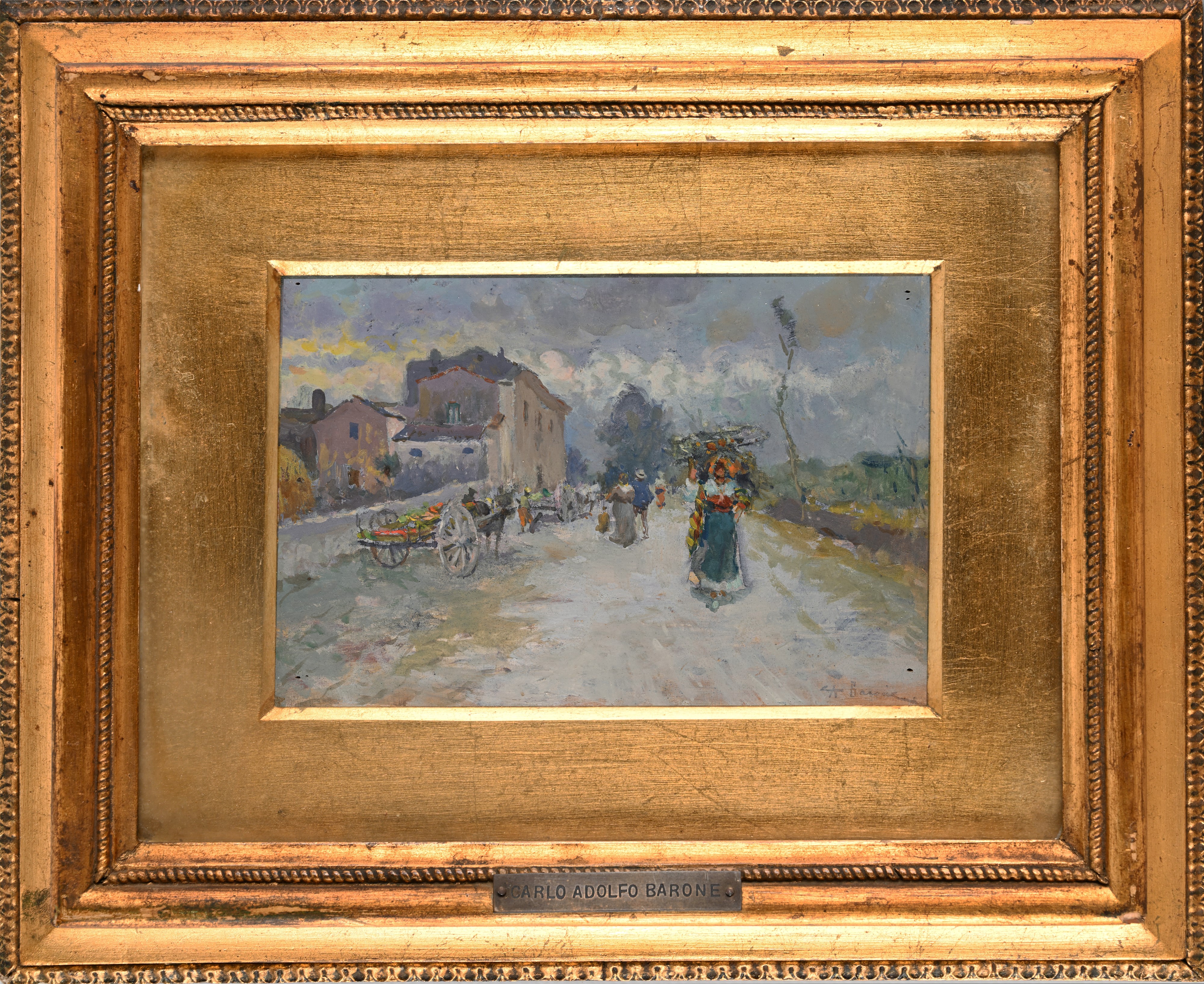 Adolfo Carlo Barone - Figure per una via di paese, olio su tavola