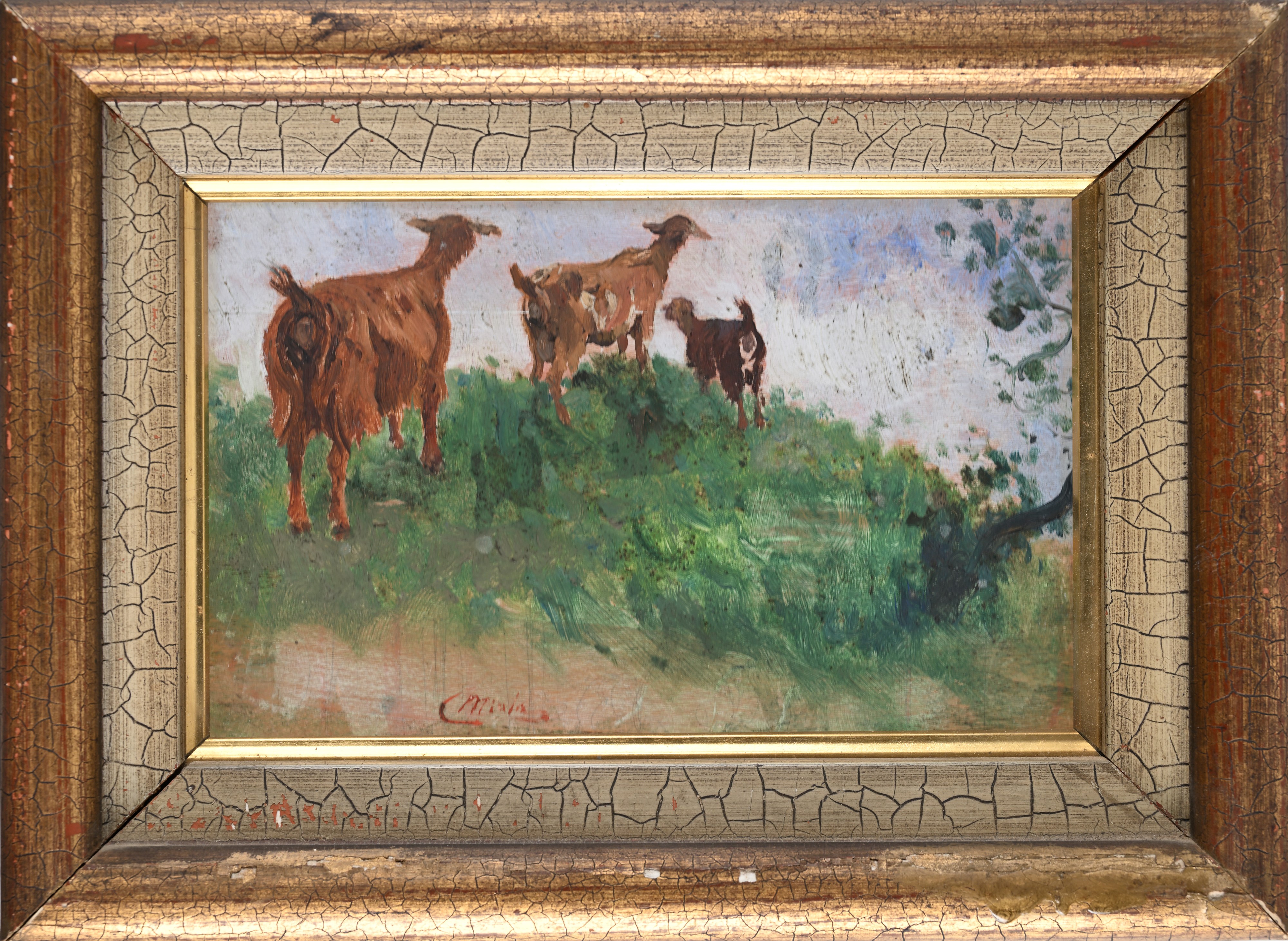 Camillo Miola - Le caprette, olio su tavola