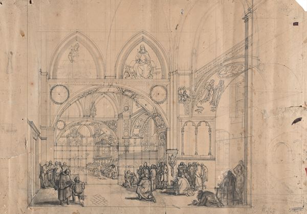 Cesare Maffei : Recto: Studio per affresco a Siena - Verso: Studi geometrici  - Penna, china, inchiostro bruno acquerellato e matita su carta - Asta Works on paper - dal XVI al XIX secolo - Casa d'Aste Arcadia