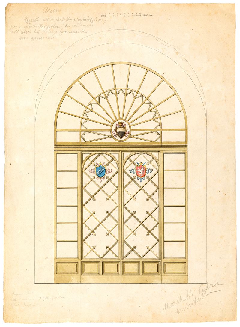 Progetto dell'architetto Marchetti (padre) per i nuovi bussoloni da costruire nell'atrio del Pala...