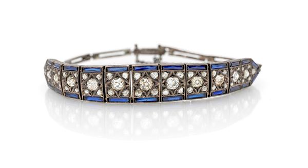Bracciale Art Decò in argento, diamanti e zaffiri