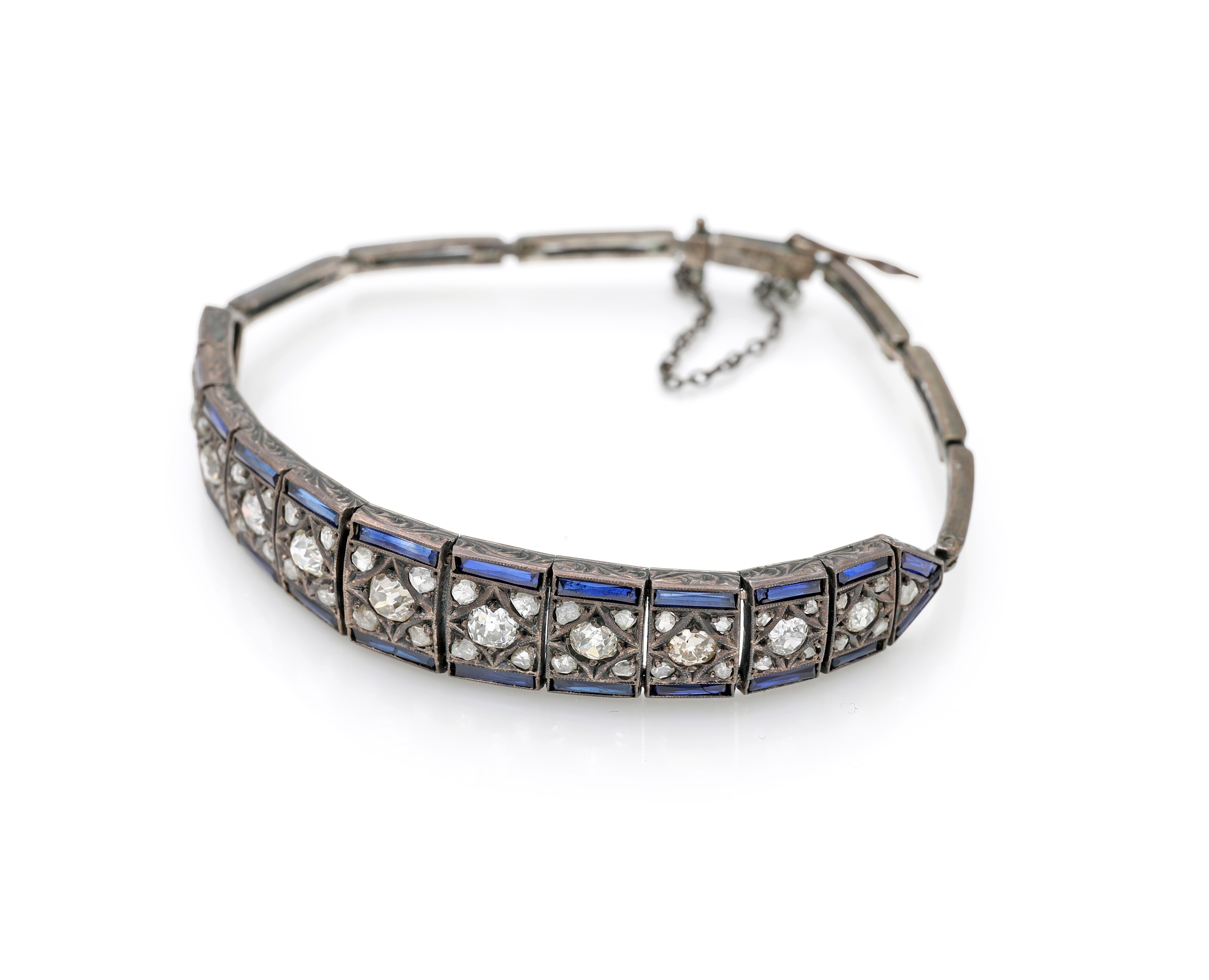 Bracciale Art Decò in argento, diamanti e zaffiri
