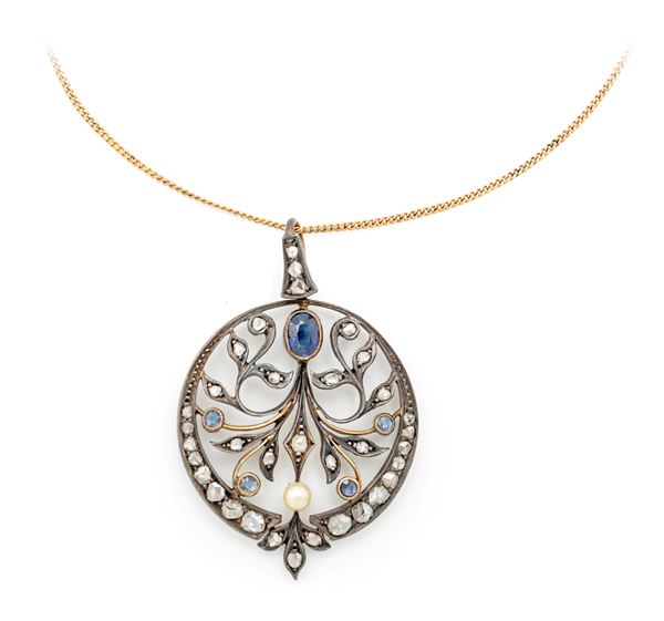Pendente Art Nouveau in oro, diamanti perla e zaffiro