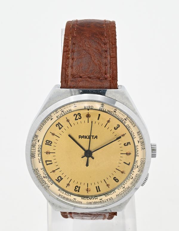 Raketa 2623 - Orologio da polso a carica manuale 24H GMT World Time da uomo in metallo cromato