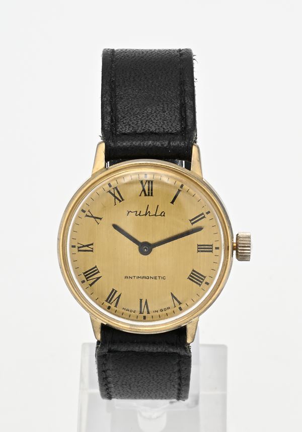 Ruhla Antimagnetic - Orologio da polso a carica manuale da uomo in metallo dorato con fondello in acciaio