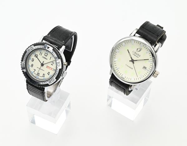 Slava - 2 orologi da polso con datario a carica meccanica da uomo in metallo cromato ed acciaio