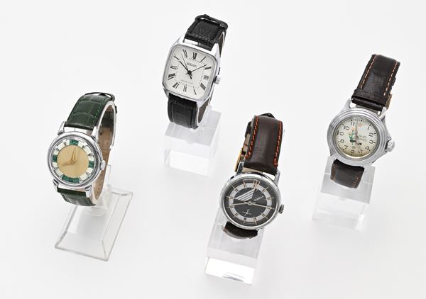 4 orologi da polso a carica meccanica ed automatica russi da uomo in metallo cromato ed acciaio
