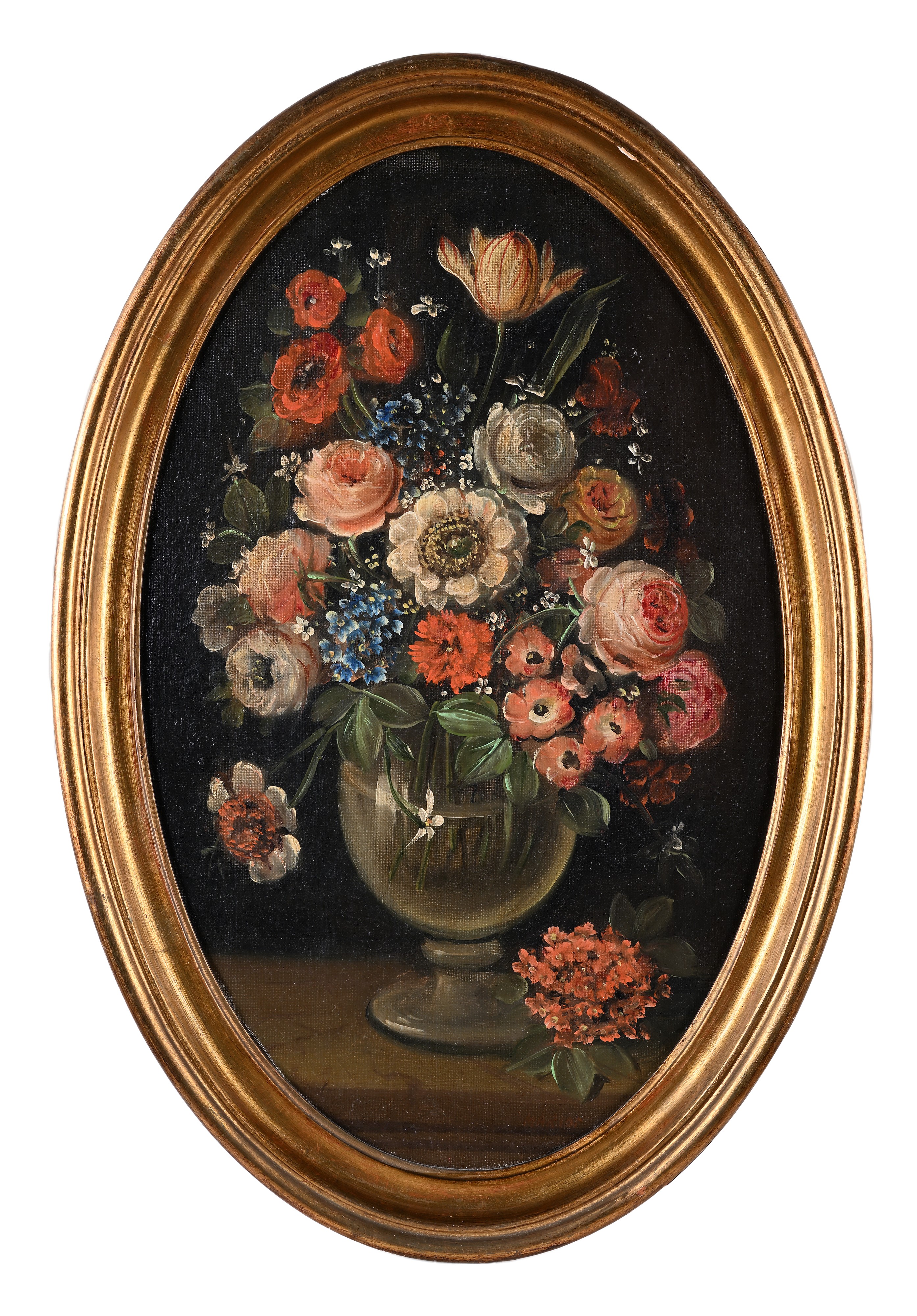 Coppia di dipinti ovali raffiguranti vasi con fiori