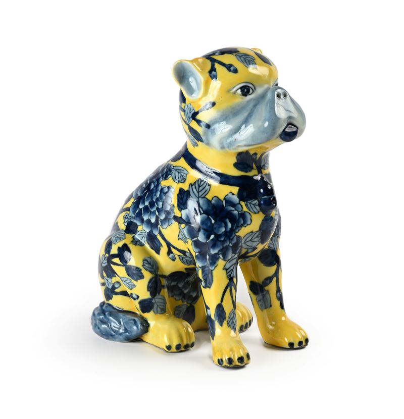 Cane in ceramica, decorazione gialla e blu