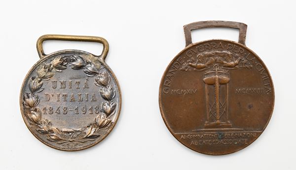 Medaglia in bronzo per l'Unità d'Italia 1848-1918; Medaglia in bronzo Grande Guerra 1914-1918. Vittorio Emanuele III Regno d'Italia
