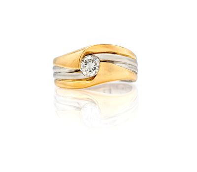 Anello a sigillo in oro giallo 750/000 e platino 900/000 con diamante rotondo brillante