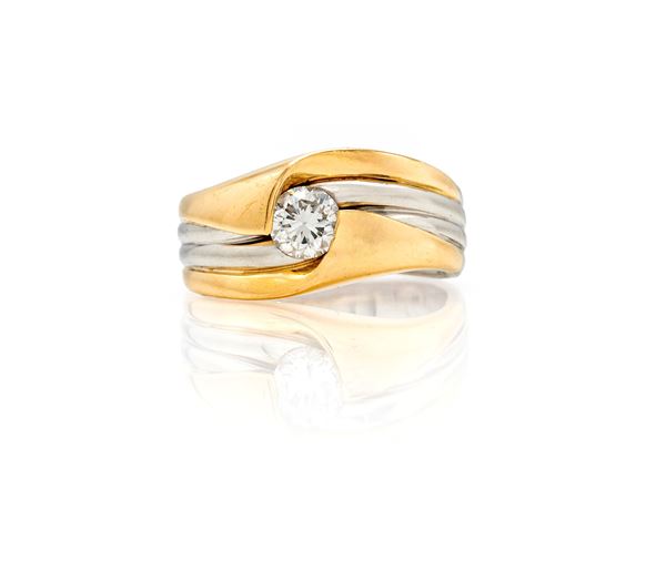 Anello a sigillo in oro, platino e brillanti