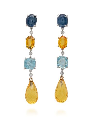 Orecchini pendenti in oro bianco 750/000 con zaffiri, acquamarine e brillanti (coppia)