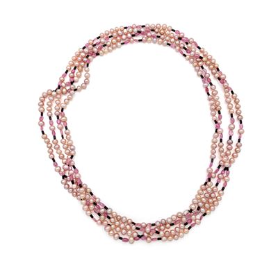 Collana ombellicale lunga in perle coltivate, tormaline e onice
