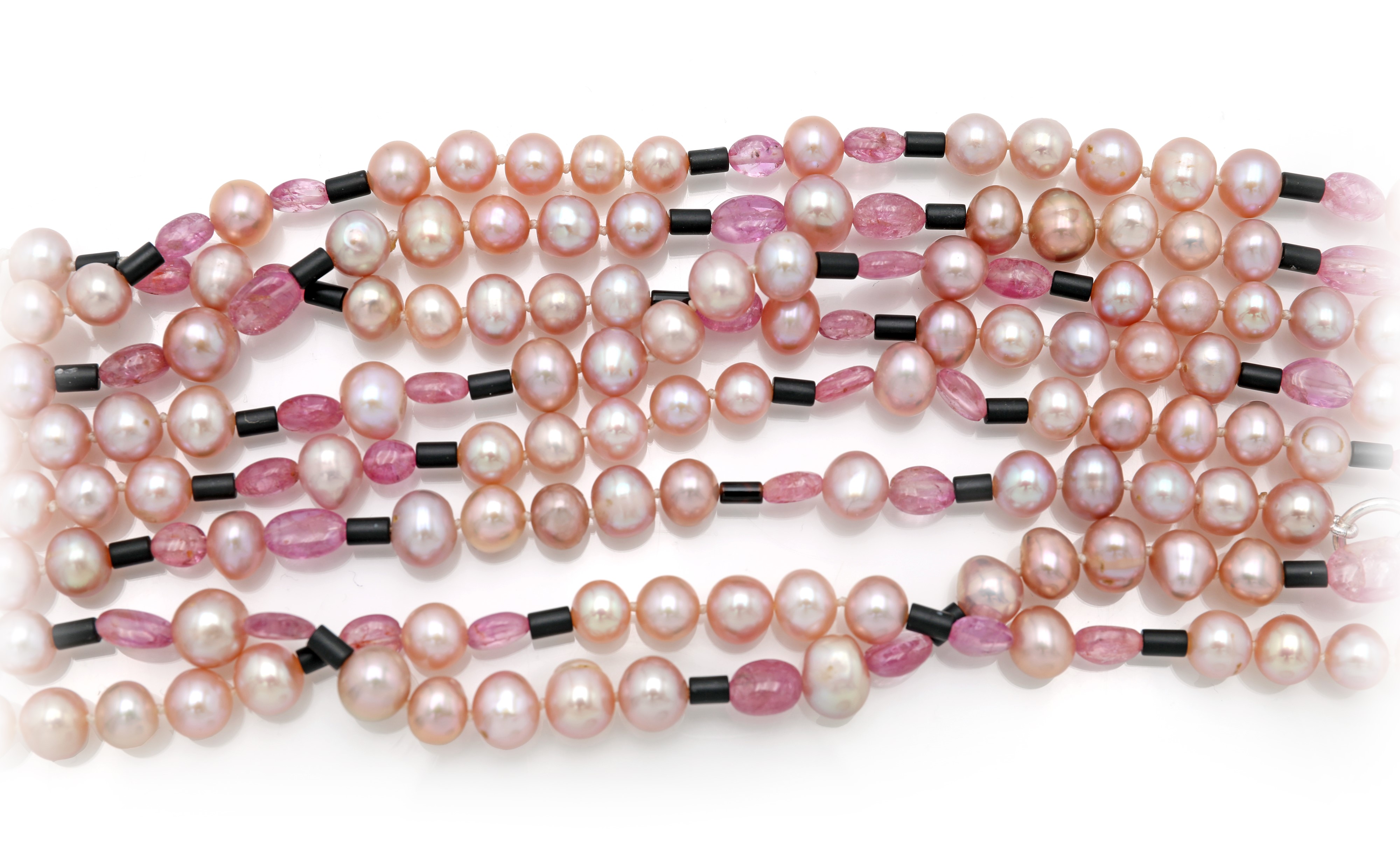 Collana ombellicale lunga in perle coltivate, tormaline e onice