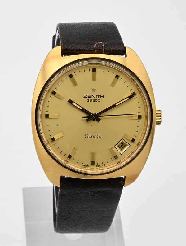 Zenith Sporto 28800 (Cal. 2562C) - Orologio da polso a carica meccanica ad alta frequenza con datario da uomo in metallo placcato in oro 20M con fondello in acciaio