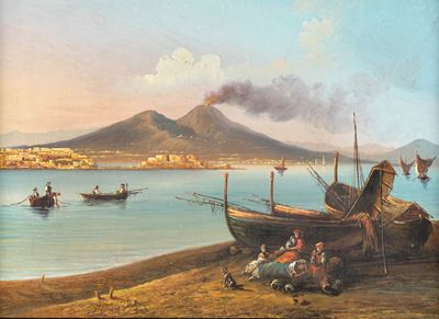 Autore sconosciuto, Napoli, Veduta da Mergellina, gouache su cartoncino