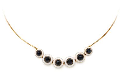 Cloche Frères, collana in oro 750/000 con smalti e pietre blu