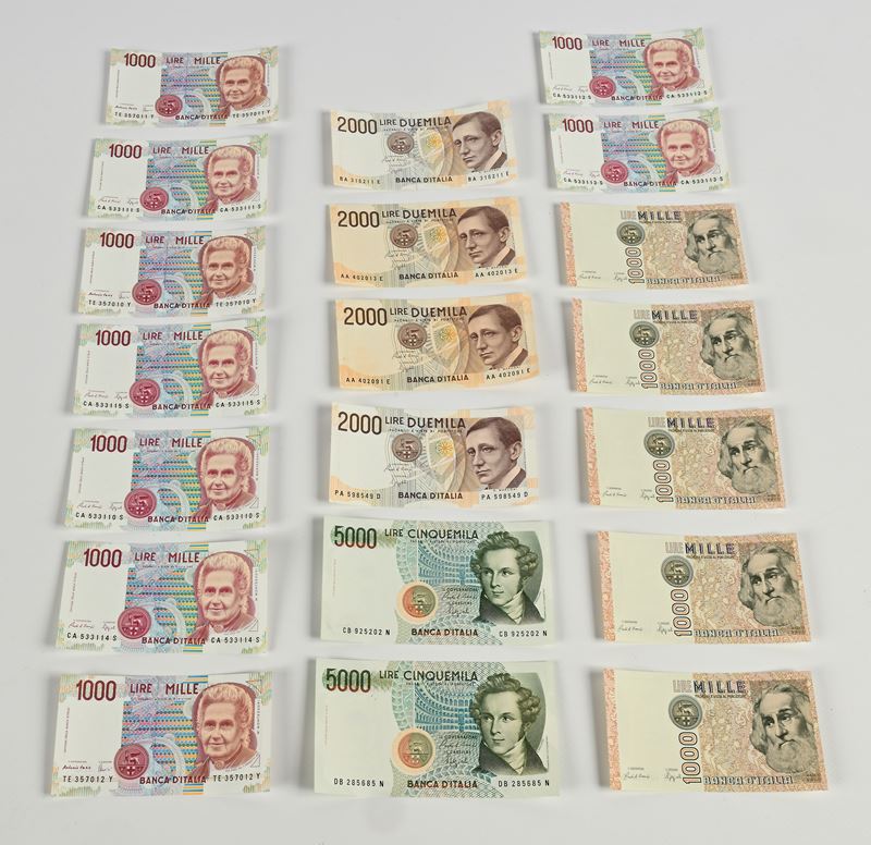 Repubblica Italiana, Serie di banconote (5) 1.000 Lire Marco Polo, (9) 1.000 Lire Montessori, (4)...