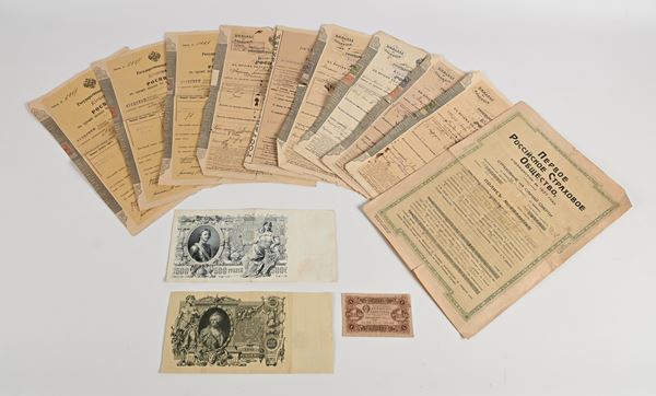 Lotto 10 certificati e cartamoneta russa: 100 Rubli 1910, 500 Rubli 1912, 1 Rublo 1923
