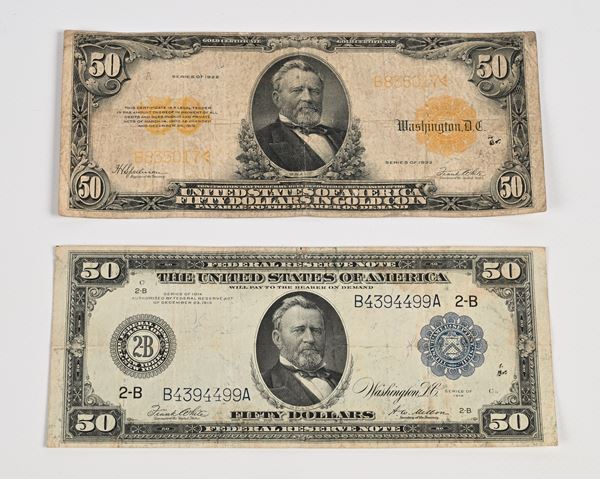 2 banconote USA: 50 Dollari 1914 New York; 50 Dollari oro 1922 