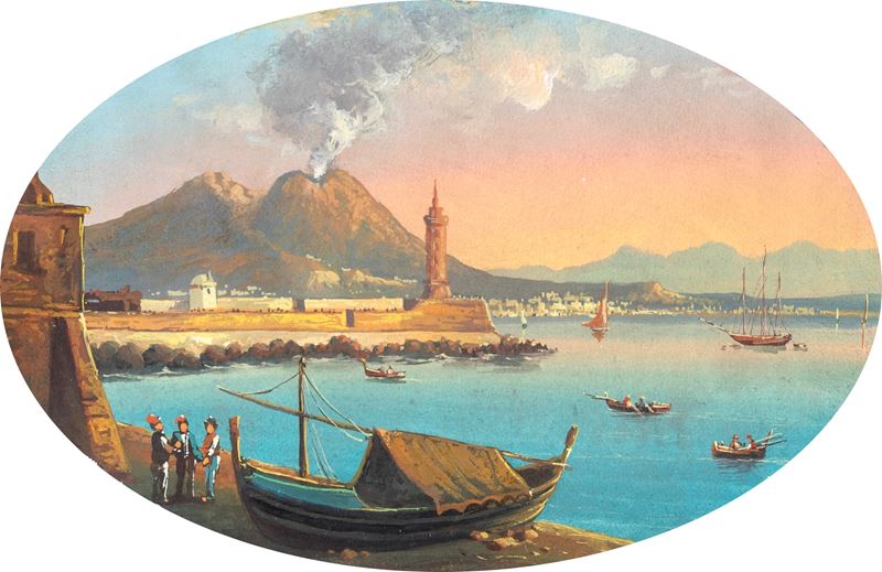 Anonimo, Veduta di Napoli con il faro di S. Lucia, gouache su cartoncino